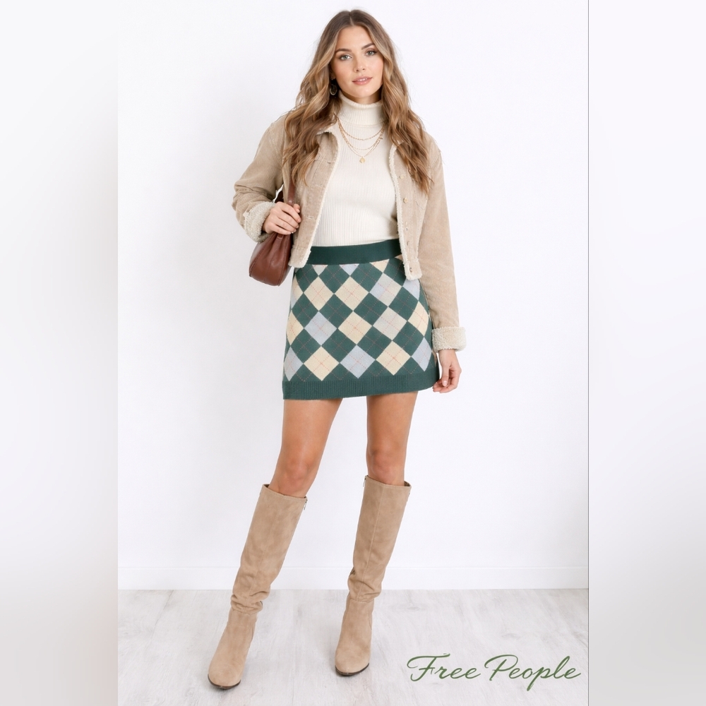 Free People Argyle Knit Mini Skirt w/ Front Pockets Green Size SP